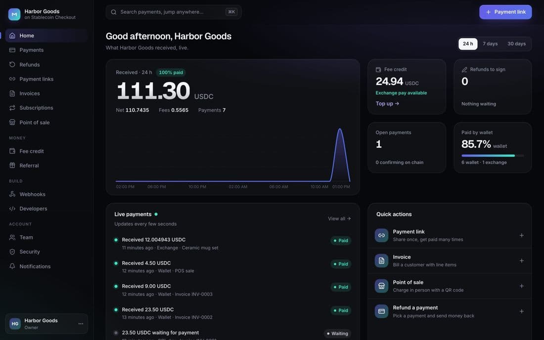 Stablecoin Checkout admin panel (demo data)